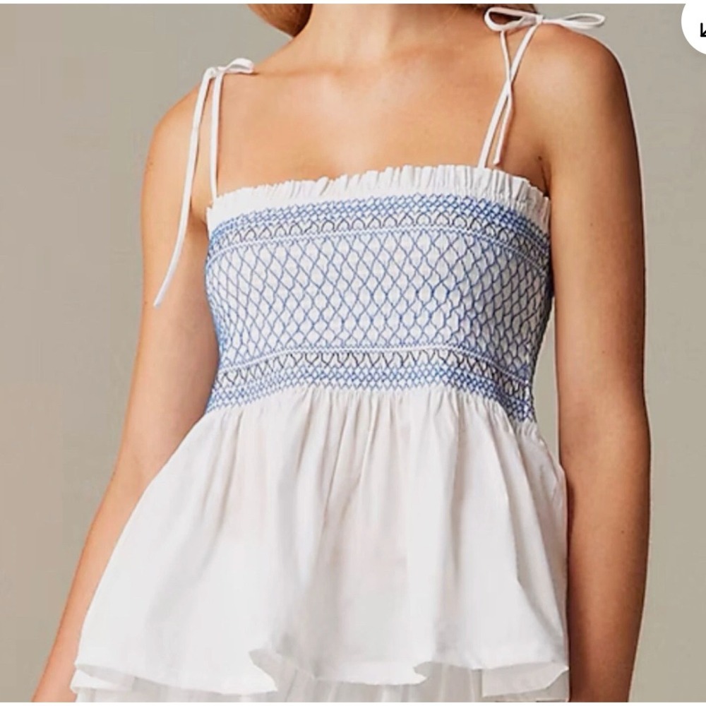 J.Crew Regenerative Cotton Smocked Peplum Top White Blue CA583 Womens Medium NWT